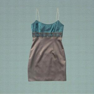 Vintage 90s Y2K Laundry By Shelli Segal Teal Brown Color Block Empire Dress